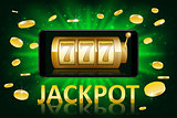 Jackpot shiny gold casino label with money coins. Casino jackpot winner poster gamble with text. Slot machine success concept. Vector illustration