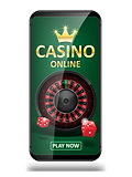 Online Internet casino marketing banner. phone app with dice, poker and roulette wheel. Playing Web poker and gambling casino games. Vector illustration