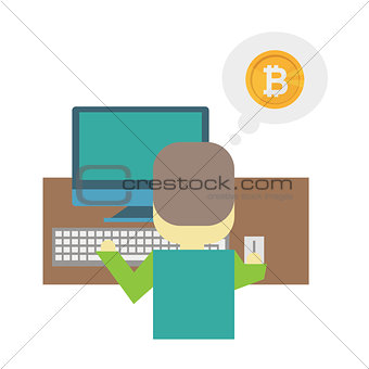 Cartoon flat illustration - mining bitcoin. A young man nerd sits behind a Desk