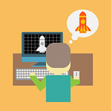 Man in front of pc with a rocket taking off. Startup or modeling concept