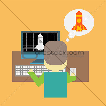 Man in front of pc with a rocket taking off. Startup or modeling concept