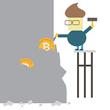Bitcoin mining concept. Business man digging coin from the rock