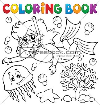 Coloring book girl snorkel diver
