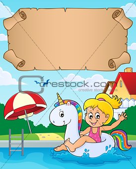 Small parchment and girl in pool