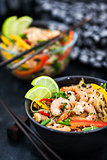Delicious asian rice glass noodles with prawns and vegetables  (