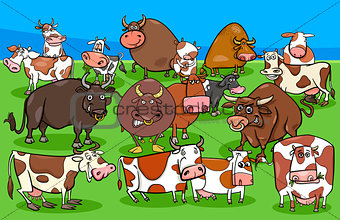 cows and bulls farm animal characters group