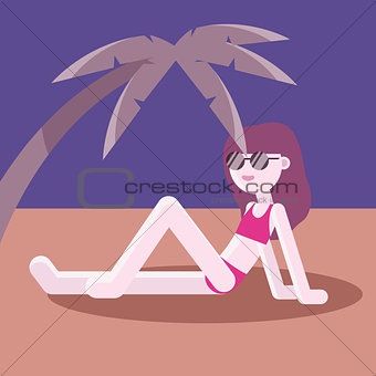 Girl on beach under the palm