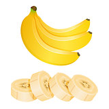 Bunch of three bananas and sliced banana pieces isolated on whit