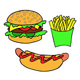 Hand drawn Burger, hot dog, fries on white background.