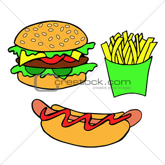 Hand drawn Burger, hot dog, fries on white background.