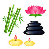 Set of Spa center elements with bamboo, candles, Lotus and stone
