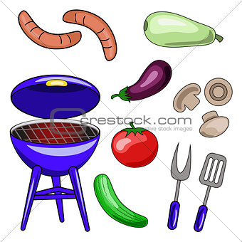 Set of vector icons of barbecue. Illustrations of the grill, sau