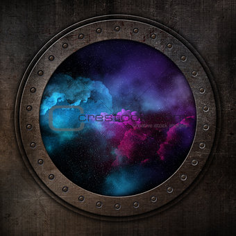 3D porthole looking out to a space sky
