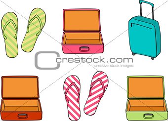 Business and family vacation travel luggage and Flip flops collection vector illustration