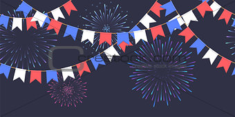 Seamless garland with celebration flags chain, white, blue, red pennons and salute on dark background, footer and banner fireworks
