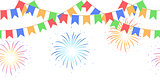 Seamless garland with celebration flags chain, yellow, blue, red, green pennons and salute on white background, footer and banner fireworks