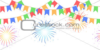 Seamless garland with celebration flags chain, yellow, blue, red, green pennons and salute on white background, footer and banner fireworks