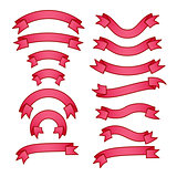 Set of bright pink different ribbons with gradient, red tape banner collection, vector illustration