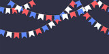 Seamless garland with celebration flags chain, white, blue, red pennons on dark background, footer and banner for decoration