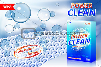 Laundry detergent ad poster. Stain remover package design for advertising with soap bubbles and closeup fiber structure. Washing detergent banner with clean shirt. Vector illustration