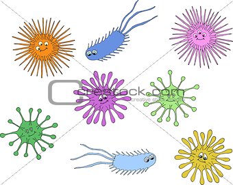 Bacteria and germs colorful set, micro-organisms disease-causing objects, bacteria. Vector cartoon illustration.