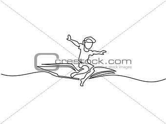 Little boy flying on book in the sky
