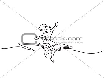 Little girl flying on book in the sky