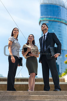 Modern City Business Man Woman Team Looking Up