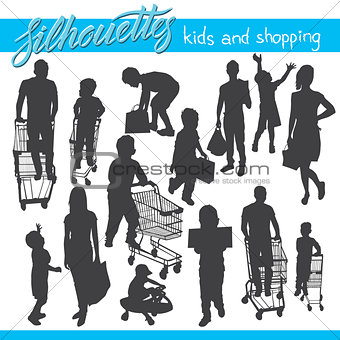 Kids and shopping vector silhouettes