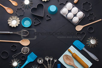 Baking background eggs kitchen tools shape cookie cutters