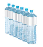 Six water bottles with blank labels