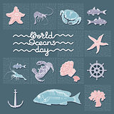 World Ocean Day card. Abstract  poster with handwritten words.