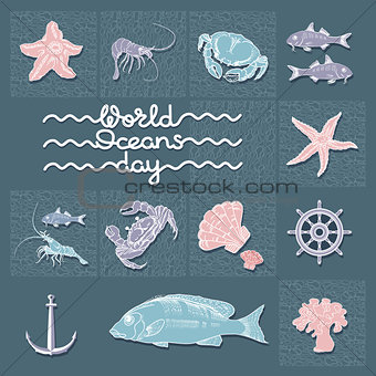 World Ocean Day card. Abstract  poster with handwritten words.