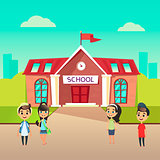 Group of pupils go to school together. Students talking in front of building schoolhouse. Welcome Back to school concept. Schoolboys and schoolgirls came to learn. The first day at school.