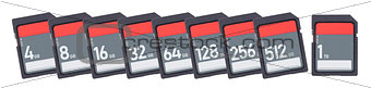 Memory cards isolated on white background - Range from 4gb to 1t