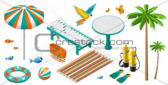 Set of isometric summer beach holiday objects