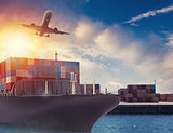 Cargo ship and airplane at the port ready to travel with packages. 3d rendering