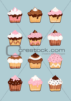 Cakes icons set with cream, chocolate, strawberry.
