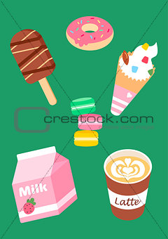 Sweets set of ice cream, strawberry milk, coffee latte, donut, macaroons.