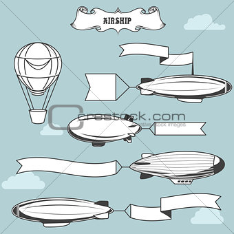 Vintage airships with greetings banner - dirigibles with adverti