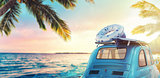 Start summertime vacation with an old car on the beach. 3D Rendering