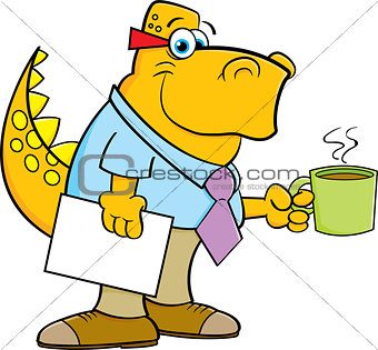 Cartoon Dinosaur Holding a Coffee Cup