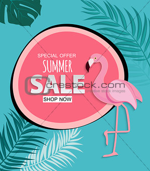 Abstract Tropical Summer Sale Background with Flamingo and Leaves. Vector Illustration