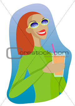 Vector sexy girl in a ski suit with a cocktail in hand.