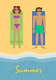 Editable vector illustration of a man and woman sunbathing on beach towels