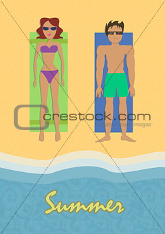 Editable vector illustration of a man and woman sunbathing on beach towels