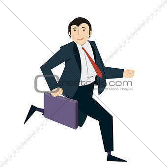 Happy businessman running with case in his hand. Concept of successful business. Vector, illustration, flat