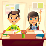 Happy children at school desk. Kids at school in class. The boy writes the assignment in the notebook. Girl two fingers up for answer. Cartoon flat students characters. Back to school concept