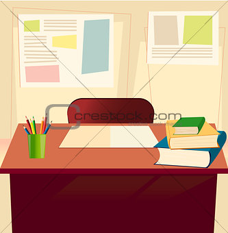 Student table with textbooks, copybook, pensils in elementary school classroom background. Front view. Interior of school class room. Back to school backdrop supplies. Flat concept. Empty space for text.