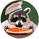 Cook raccoon prepares delicious pizza with cheese